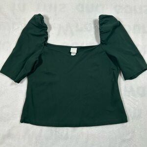 H&M green Crop Top Size Large Puff Shoulder V-Neck Sweetheart Neckline